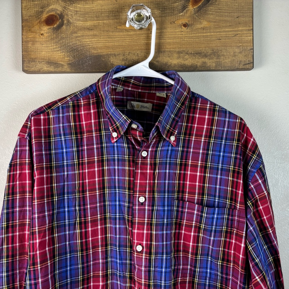 Peter Millar Men’s Large Red & Blue Plaid LS Button Down Shirt 100% Cotton - Picture 3 of 6